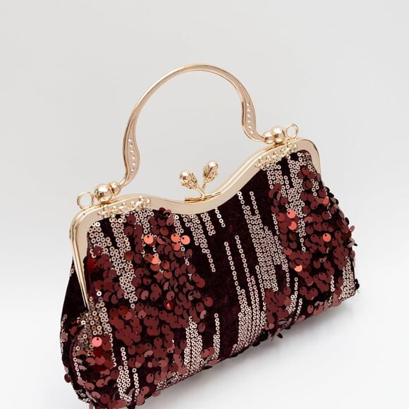 Exquisite Two-Tone Sequin Velvet Bag with Bud Clasp - Elevate Your Evening Look - Picture 4 of 7